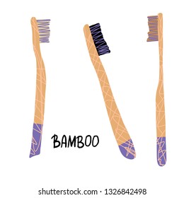 Bamboo toothbrushes set isolated. Zero waste tips. Eco-friendly brushes. Vector illustration.