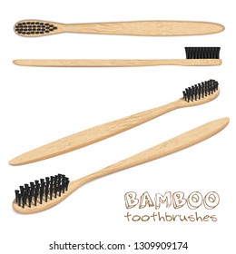 Bamboo toothbrushes.Zero waste, Carbon brush set, black bristles. Charcoal. Biodegradable material. Eco-friendly products. Isolated on white background. Vector illustration.