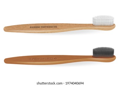 Bamboo toothbrushes.Zero waste, Carbon brush set, black bristles. Charcoal. Biodegradable material. Eco-friendly products. Isolated on white background. Vector illustration.