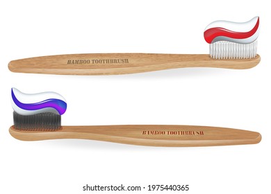 Bamboo toothbrushes.Zero waste, Carbon brush set, black bristles. Charcoal. Biodegradable material. Eco-friendly products. Isolated on white background. Vector illustration.