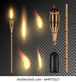 Bamboo Torch Vector. Burning Beach Bamboo Torch With Flame. Realistic Fire Lamp. Wall Light Sign. Isolated On Transparent Background. Vector Illustration
