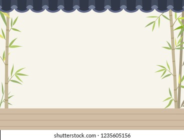 Bamboo and traditional roof tiles, wood floor background