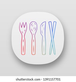 Bamboo travel utensils app icon. Reusable wooden cutlery. Organic spoon, fork, knife, sticks.. Kitchen essentials. UI/UX user interface. Web or mobile applications. Vector isolated illustration