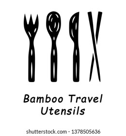 Bamboo travel utensils glyph icon. Disposable, reusable cutlery. Organic spoon, fork, knife, sticks. Wooden kitchen, dining essentials. Silhouette symbol. Negative space. Vector isolated illustration