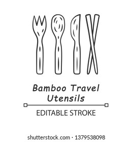 Bamboo travel utensils linear icon. Reusable spoon, fork, knife, sticks. Wooden cutlery. Kitchen essentials. Thin line illustration. Contour symbol. Vector isolated outline drawing. Editable stroke