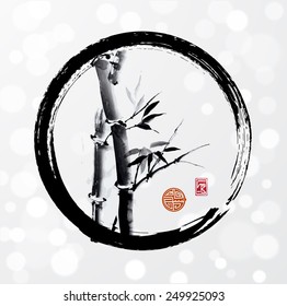 Bamboo tree in enso circle hand-drawn with ink in traditional Japanese style sumi-e on white glowing background. Symbol of luck, happiness and long life. Sealed with decorative stylized stamps.