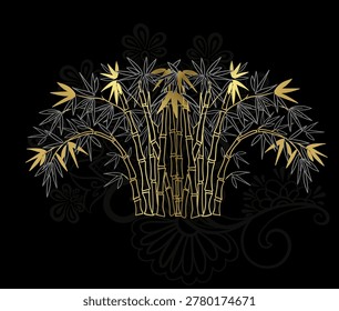 bamboo tree hand drawn vector ink traditional oriental asian Indian design isolated black gold
