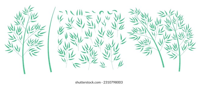 Bamboo tree, leaves, branches, trunk, isolated design elements collection, set. Flat style vector illustration. Plant, foliage, botanical clipart, Asian flora, Tanabata, Chinese, Japanese garden