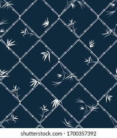 Bamboo tree and leaves Modern style grid check  oriental mood Vector illustration Seamless pattern .Design for fashion,fabric,web,wallpaper,and all prints on navy blue and white background color.