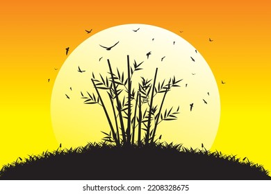 Bamboo tree sunset. Illustration of a beautiful landscape at sunset with a silhouette of a bamboo tree