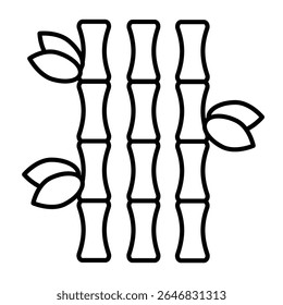 Tronco de bambu com folhas ícone de linha fina, conceito de viagem tropical. Gráficos vetoriais. Planta de flora tropical, sinal floral no fundo branco, estilo móvel ou design