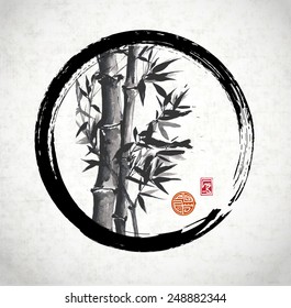 Bamboo trees in black enso circle hand-drawn with ink in traditional Japanese style sumi-e on rice paper. Sealed with decorative stylized stamps.