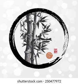 Bamboo trees in black enso circle hand-drawn with ink in traditional Japanese style sumi-e on white glowing background. Sealed with decorative stylized stamps.