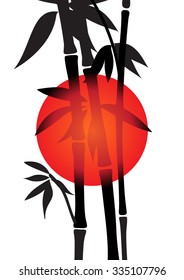 Bamboo trees black silhouettes on red sun. Isolated on a white background.
