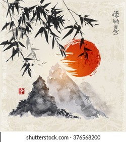 Bamboo trees and Fuji mountains. Traditional Japanese ink painting sumi-e. 