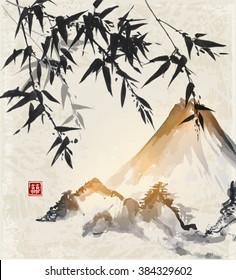 Bamboo trees and Fuji mountains. Traditional Japanese ink painting sumi-e. Contains hieroglyph - happiness.