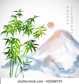 Bamboo trees and Fujiyama mountain. Traditional Japanese ink painting sumi-e. Contains hieroglyph - luck