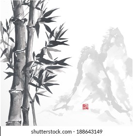 Bamboo trees and high mountains, hand-drawn with ink in traditional Japanese style sumi-e. Sealed with decorative red stamp. Vector illustration. 