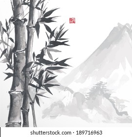 Bamboo trees and high mountains, hand-drawn with ink in traditional Japanese style sumi-e. Sealed with decorative red stamp. Vector illustration. 