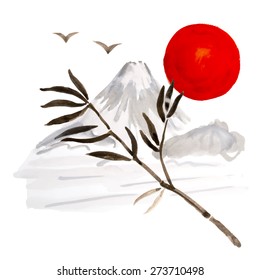Bamboo trees and high mountains, hand-drawn with ink in traditional Japanese style sumi-e. Sealed with decorative red stamp. Vector illustration.