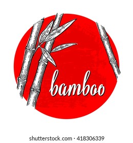 Bamboo trees with leaf white silhouettes and black outline on red circle. Hand drawn design element. Vintage vector engraving illustration for logotype, poster, web. Isolated on background.