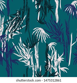 Bamboo trees leaves summer texture. Botanical pastel blue seamless pattern. 