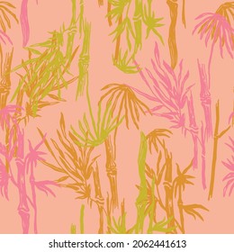 Bamboo trees leaves summer texture. Jungle pastel pink seamless pattern. 