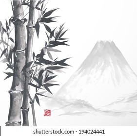 Bamboo trees and mountain, hand-drawn with ink in traditional Japanese style sumi-e. Sealed with decorative red stamp. Vector illustration.