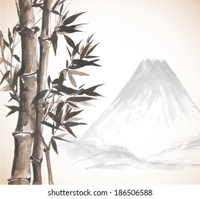 Bamboo trees and mountains, hand-drawn with ink in traditional Japanese style sumi-e. Vector illustration. 