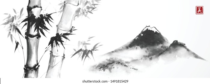 Bamboo trees and mountains on white background. Traditional oriental ink painting sumi-e, u-sin, go-hua. Hieroglyph - beauty