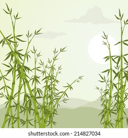 Bamboo trees and mountains vector illustration