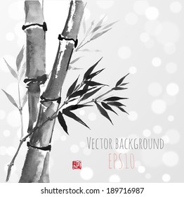 Bamboo trees on white glowing background in sumi-e style. Hand-drawn with ink. Vector illustration. Traditional Asian style painting. 