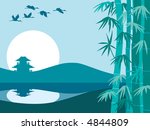 Bamboo trees, temple and sunrise, vector