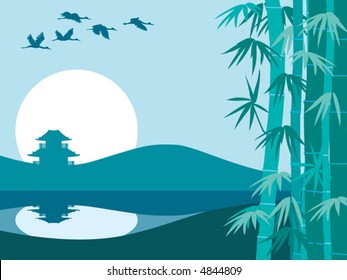 Bamboo trees, temple and sunrise, vector