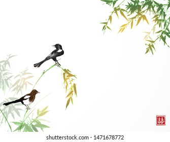 Bamboo trees and two magpies birds. Traditional oriental ink painting sumi-e, u-sin, go-hua. Hieroglyph - double luck