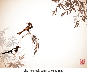 Bamboo trees and two magpies birds. Traditional oriental ink painting sumi-e, u-sin, go-hua in vintage style. Hieroglyph - double luck