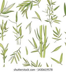 Bamboo trees vector seamless pattern. Background with bamboo plants and leaves. Green florals concept