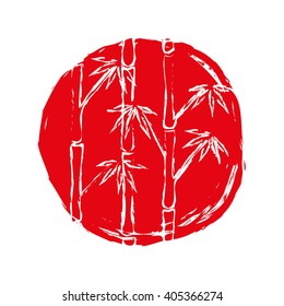 Bamboo trees white silhouettes on the red circle or stain of paint. Drawing icon or logo. Drawn bamboo and rising sun. Japanese style. Hand-drawn with ink.