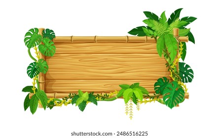 Bamboo tropical frame with jungle lianas and leaves. Cartoon vector wooden signboard, wood plank or border with green vines and Amazon thicket. Timber panel with rainforest plants, game menu interface