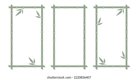 Bamboo trunk rectangle frames. Vertical natural text boxes. Bamboo branch borders with leaves. Blank frame template. Vector illustration isolated on white background.