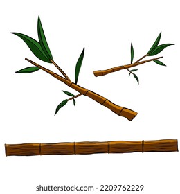 Bamboo trunk and bamboo twigs with green leaves isolated on white background. Clipart, vector design element.