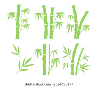 Segmentos de troncos de bambu com ramos e folhas definidos. Ilustração de vetor plano isolada em fundo branco.