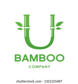 Bamboo U letter or alphabet vector logo template. This logo with symbol and leaf. Green color and suitable for business and culture of china.