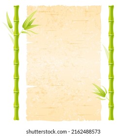 Bamboo vector frame. Wood jungle background. Forest border with bamboo stick and paper canvas banner. Green hawaiian, chinese or japanese board. Tree signboard with wooden frame. Garden leaf isolated