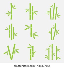 Bamboo vector icon set isolated on a white background. Silhouettes of bamboo trunks, stems, or trees with leaves. Green logo tropical bamboo. 