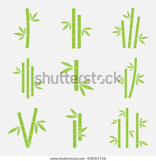 竹矢量图标设置隔离在白色背景。 剪影的竹树干，茎，或树叶。 绿色标志 