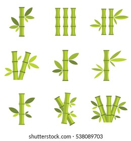 Bamboo vector icons set isolated on white background. Stick bamboo with foliage and leaves, vector  illustration.