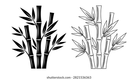 Bamboo vector illustration icon set, Asian bamboo plant stalk with leaves line outline solid black silhouette art isolated on white background
