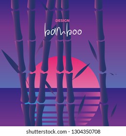 Bamboo, vector illustrations inspired by retro disco music of the 80s, 3d background, neon, wood texture in asian style at sunset