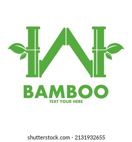 Bamboo W letter or alphabet vector logo template. This logo with symbol and leaf. Green color and suitable for business and culture of china